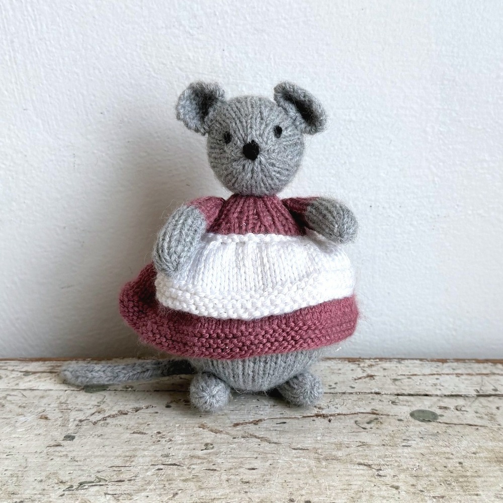 Handmade Knitted Mouse Plush Gray Stuffed Animal Pink Dress White Apron